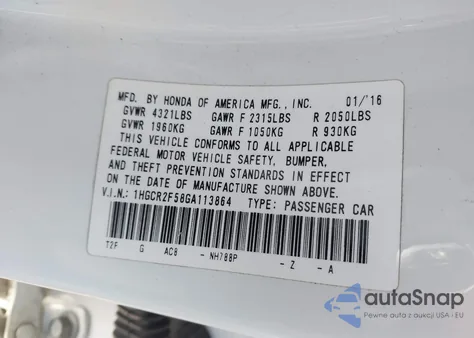 2016 Honda Accord Sport z USA, uszkodzony, nr VIN 1HGCR2F58GA113864